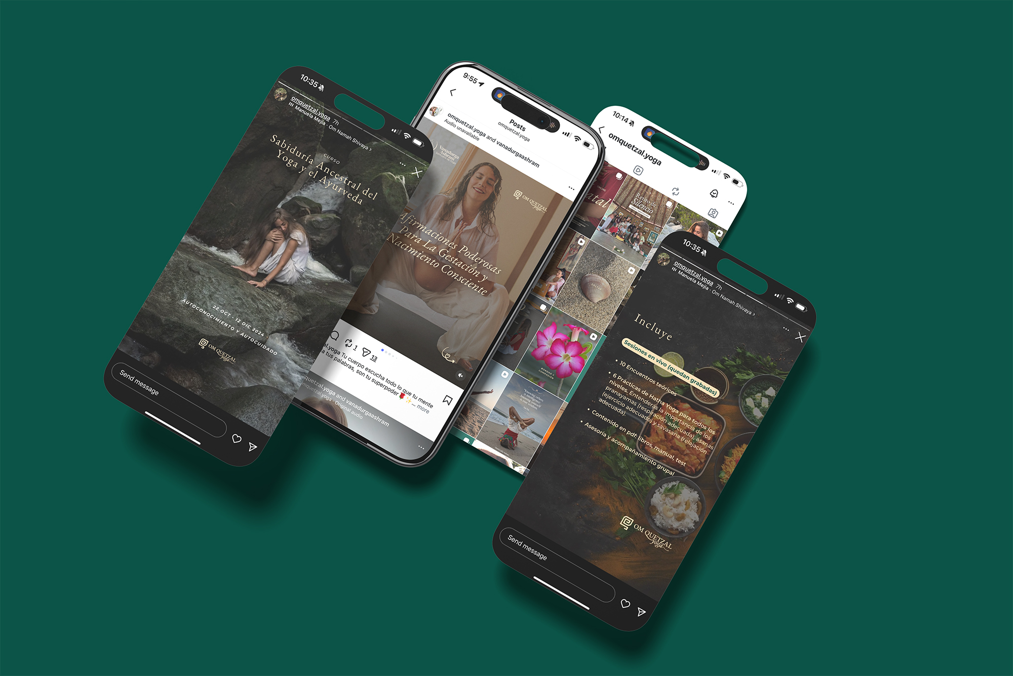 Digital screens of social media publications by Om Quetzal's Instagram account