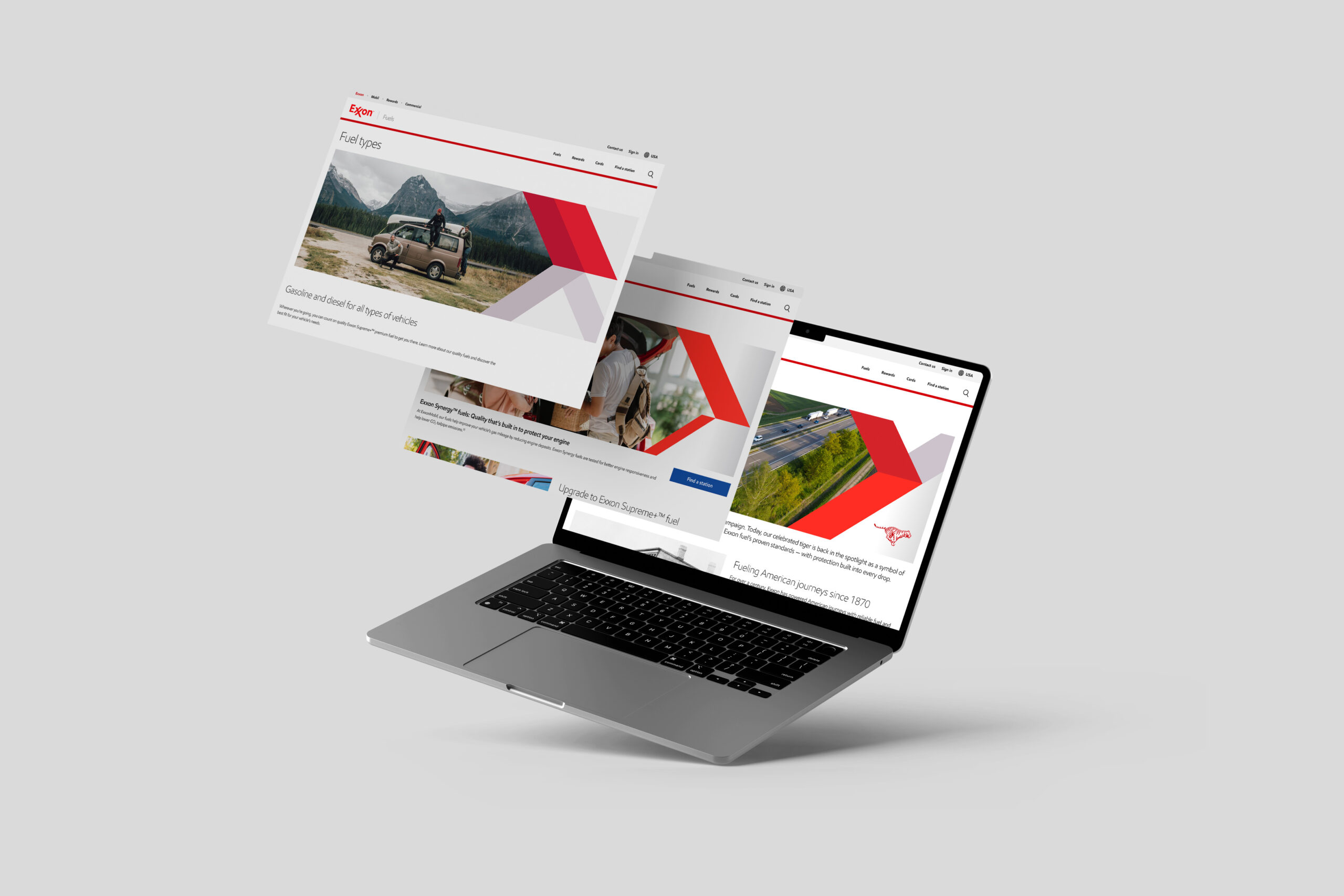View of three different landing pages from the exxonmobil fuels website redesign.