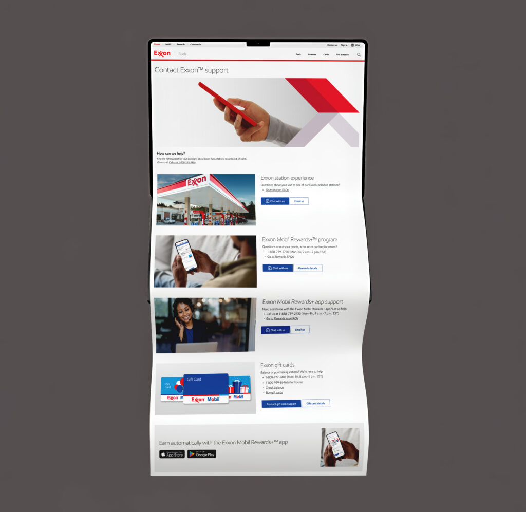 Full-page design of the exxonmobil website's page: contact us.