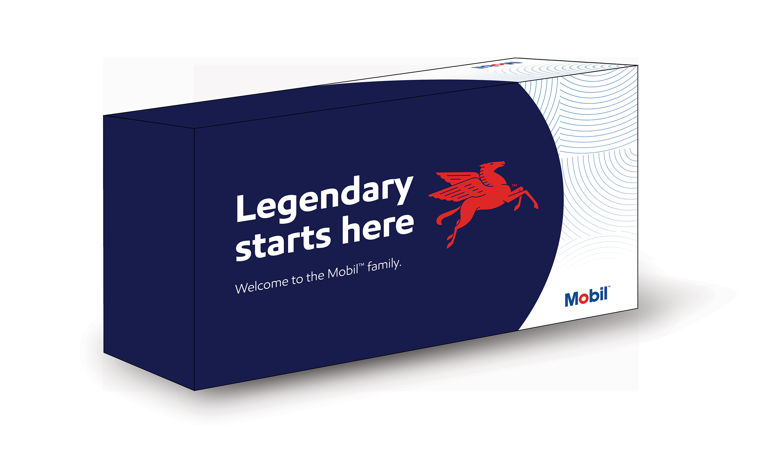 Package design for a welcome box, Mobil branded. Closed box view.