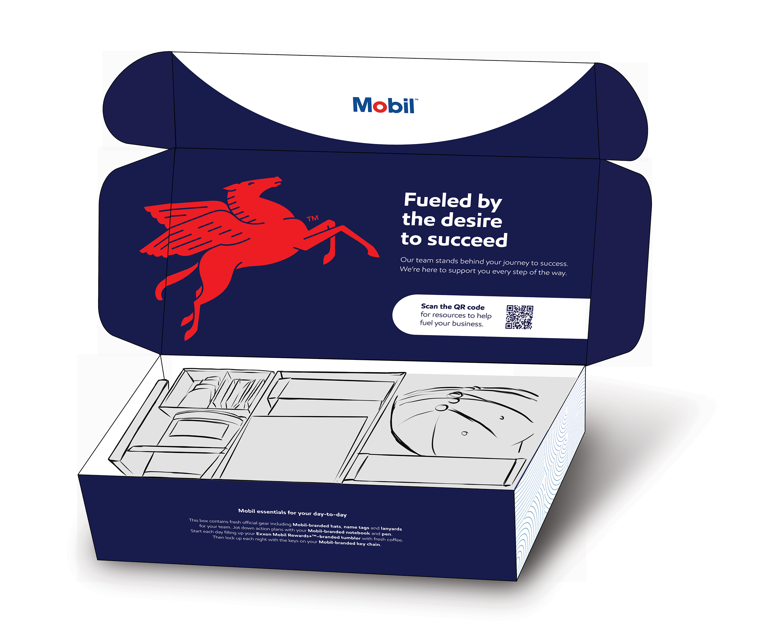 Package design for a welcome box, Mobil branded. Opened box view.