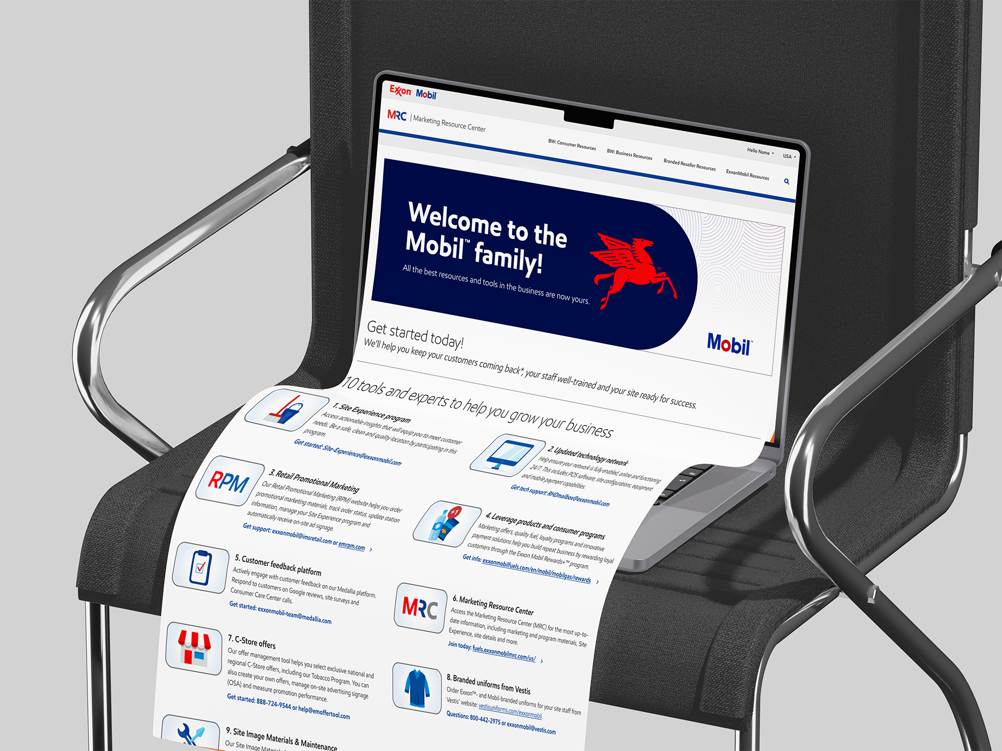 Laptop open on top of a chair displaying the design of Mobil's Marketing Resource Center microsite.