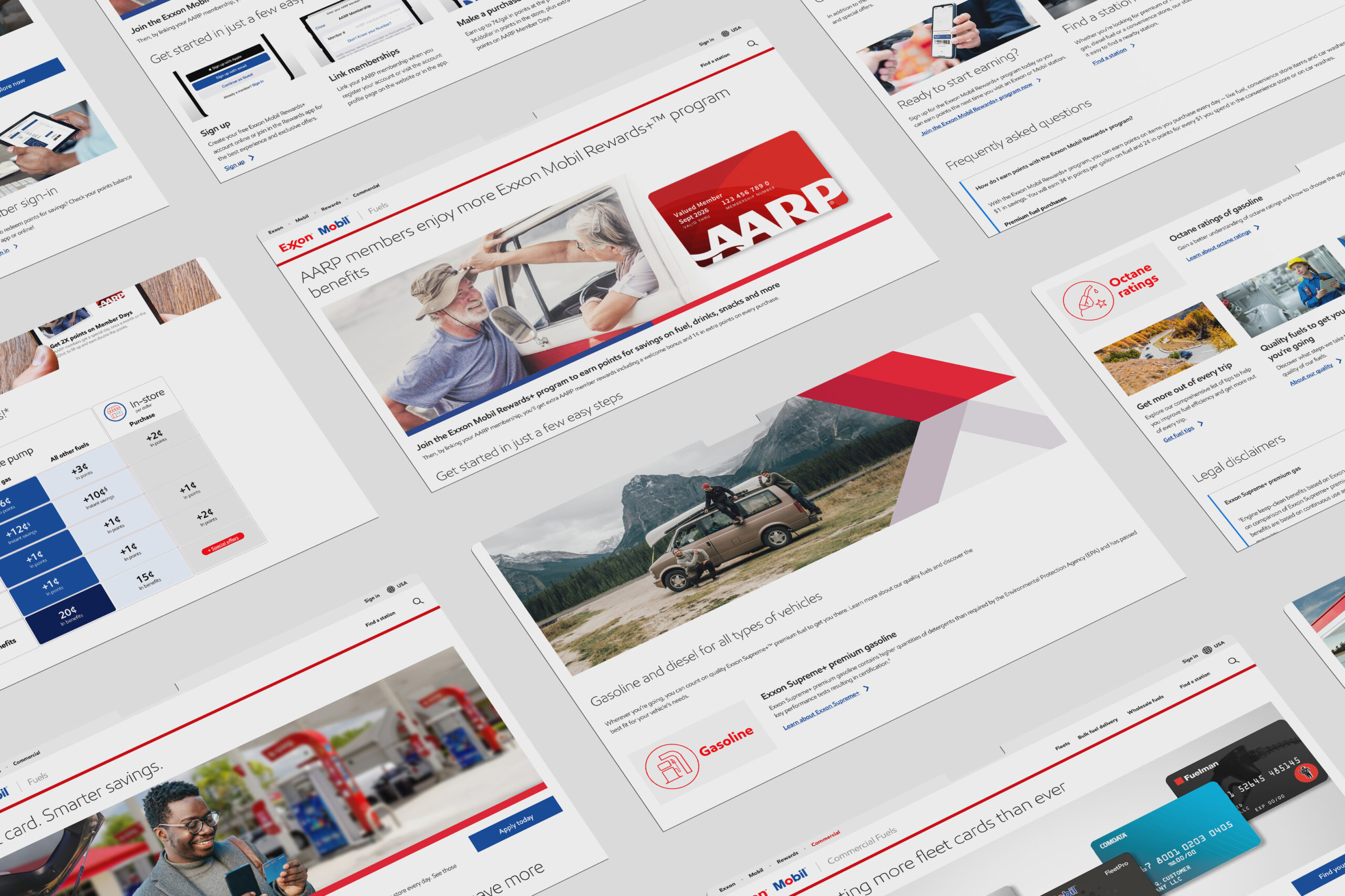 Multiple screens of landing pages designed by Julian Azeevo for the exxonmobilfuels.com website